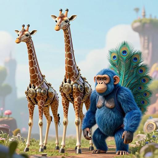 CGI image of a blue-furred, muscular gorilla standing beside two robotic giraffes with peacock feathers, in a vibrant, fantastical