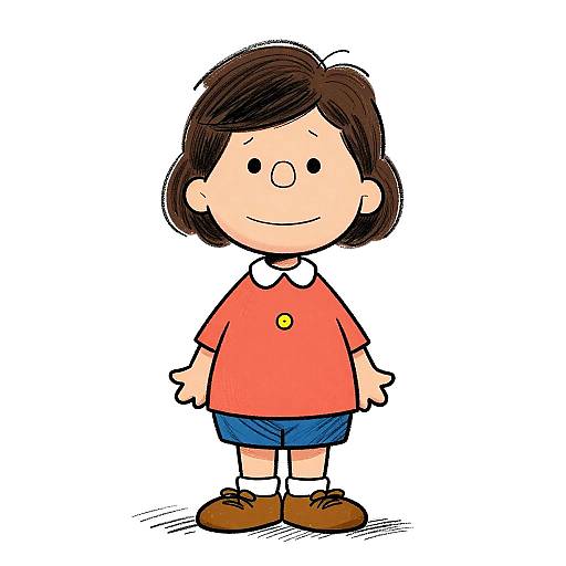 Cartoon-style drawing of a smiling young boy with short brown hair, wearing a red shirt, blue shorts, white socks, and brown shoes.