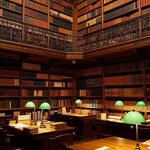 Photograph of a dimly-lit, elegant library with wooden bookshelves, green-shaded lamps, and ornate iron balconies, featuring