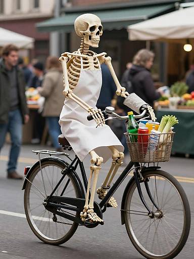 Skeleton Chef on Vintage Bicycle in Market