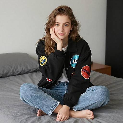 Young Woman Relaxing on Gray Bed