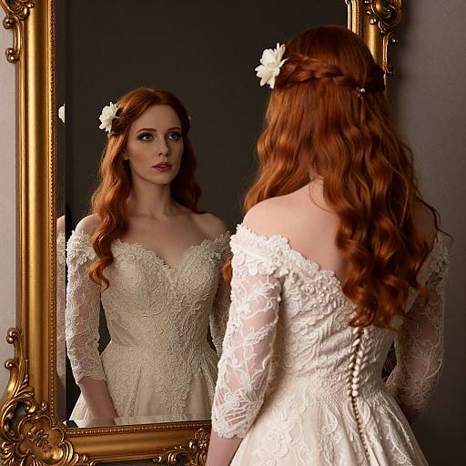 Photograph of a red-haired woman with long, wavy hair adorned with a white flower, wearing an off-the-shoulder, lace, ivory