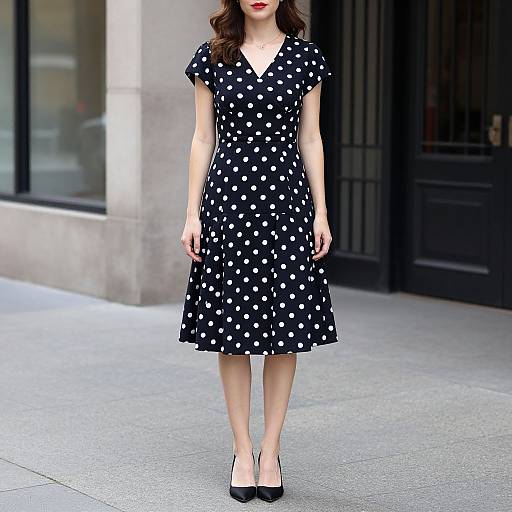 Photograph of a woman with fair skin, red lipstick, and wavy brown hair, wearing a black polka dot dress and black heels, standing
