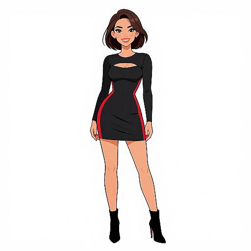 Digital anime-style drawing of a young woman with short brown hair, wearing a black long-sleeve mini dress with red stripes, black ankle boots,
