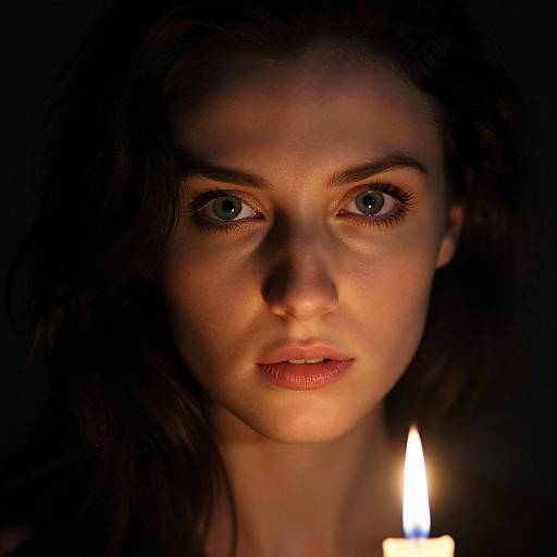 Close-up photograph of a young woman with intense blue eyes, illuminated by a single candle flame, in a dark background.