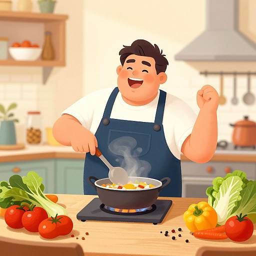 Cartoon chef in blue apron, white shirt, cooking on stove with steam, surrounded by tomatoes, peppers, and greens in bright kitchen.
