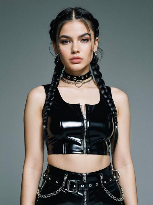 Woman in Edgy Black Glossy PVC Streetwear