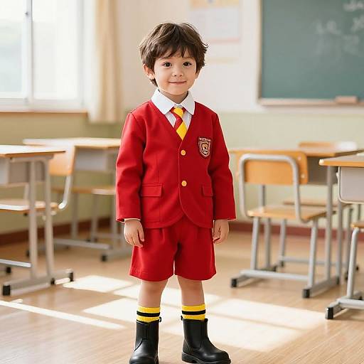Cheerful Boy in Red School Uniform