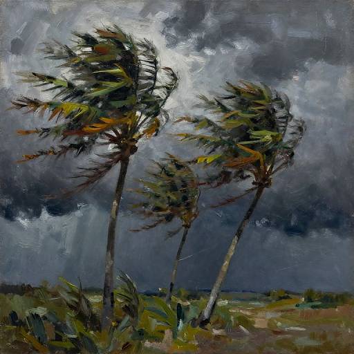 Impressionist-style oil painting of two tall, windswept palm trees against a stormy, dark blue and gray sky with swirling clouds.