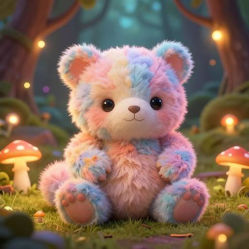 Digital art of a cute, pastel-colored, fluffy teddy bear with large black eyes, sitting in a whimsical forest with glowing mushrooms and soft