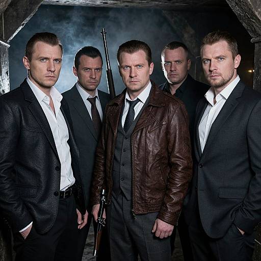 Photograph of five serious, blue-eyed men in black suits and ties, one in a brown leather jacket, standing in a dimly lit, sm