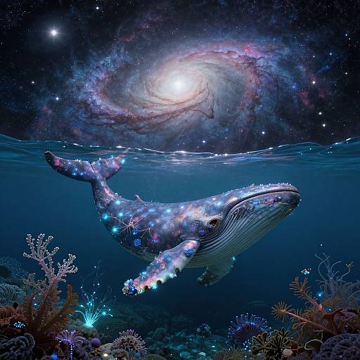 Digital art of a glowing, star-studded whale swimming underwater beneath a swirling galaxy, surrounded by colorful, bioluminescent coral reefs.