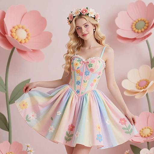 Young Woman in Pastel Rainbow Floral Dress
