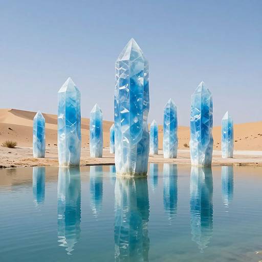 Translucent Blue Pillars in Desert Oasis