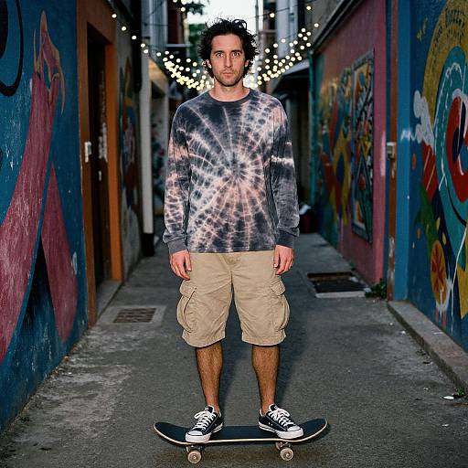 Photograph of a bearded man with dark hair, wearing a tie-dye sweater, beige cargo shorts, and black sneakers, standing on a skateboard