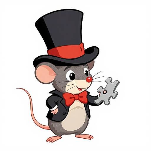 Cartoon gray mouse in black tuxedo, red bowtie, and black top hat, holding a silver puzzle piece, white background.