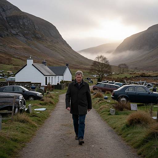 Old man in dark coat walking down gravel path to white cottage, surrounded by cars and mountains under a misty sky. Photograph.