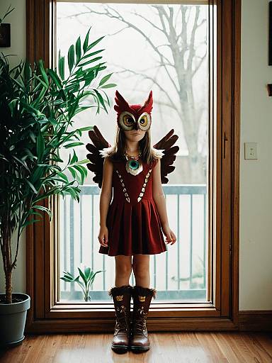 Girl in Owlette Costume Standing by Window