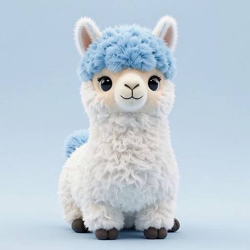 Cute, plush, white and blue alpaca with fluffy blue head fur, large black eyes, and smiling expression, set against a light blue