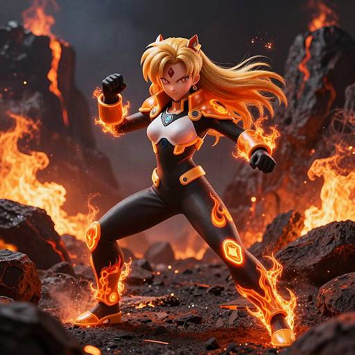 Digital illustration of a fierce, blonde, anime-style woman in a black and white, flame-encrusted suit, fighting amidst a rocky, fiery