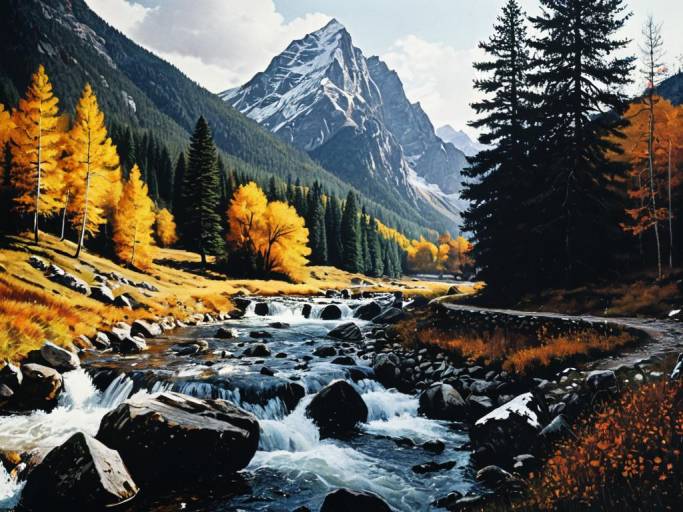 Autumn Mountain Stream Landscape Painting