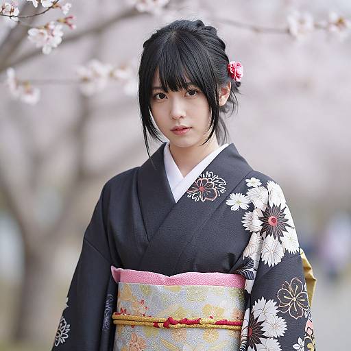 Photograph of an Asian woman with black hair in a floral kimono, pink obi, standing outdoors against a blurred cherry blossom background.