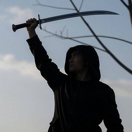 Silhouetted Man Holding Curved Sword