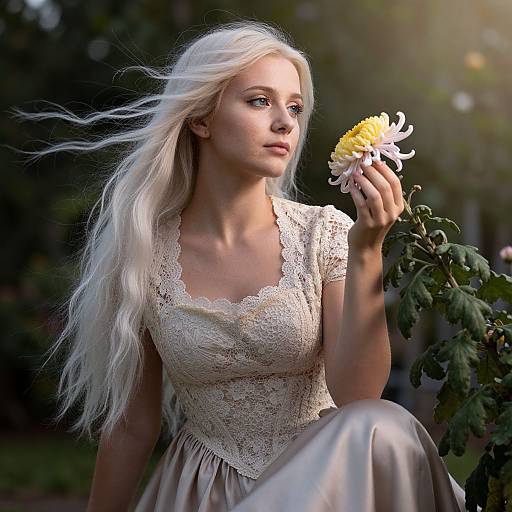 Photograph of a blonde woman with long hair, wearing a lace top and beige skirt, gently holding a yellow daisy, sitting in a sunlit