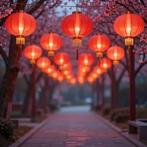 Photograph of a serene, cherry blossom-lined pathway adorned with glowing red lanterns, creating a warm, inviting evening ambiance.
