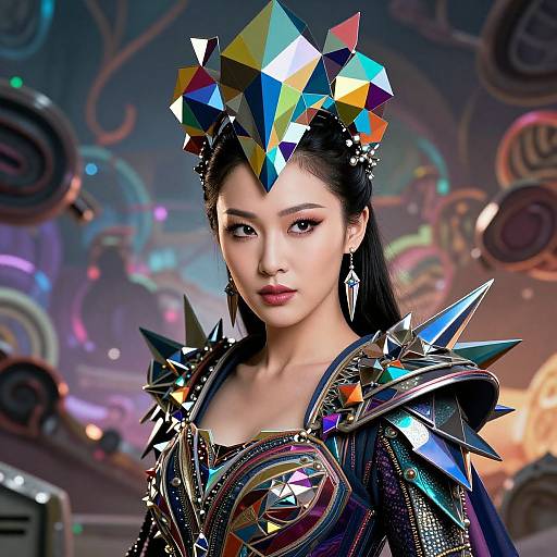 Digital artwork of an Asian woman with dark hair, wearing a colorful geometric crown and spiked, iridescent armor, set against a vibrant, abstract background