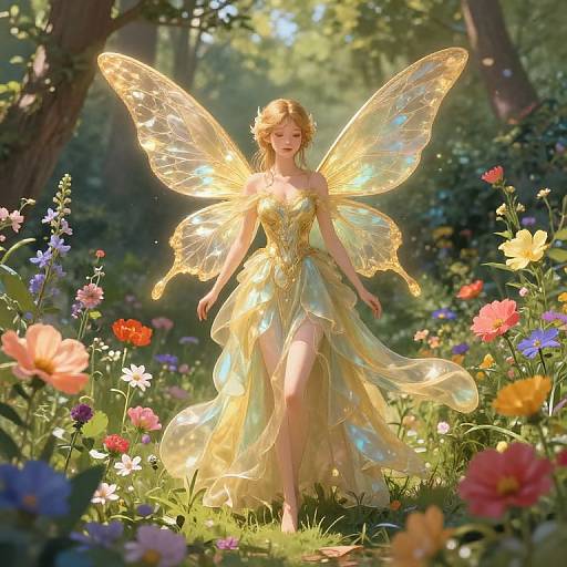 Digital illustration of a radiant, blonde fairy with glowing wings, wearing a golden, translucent dress, walking through a sunlit, colorful garden.