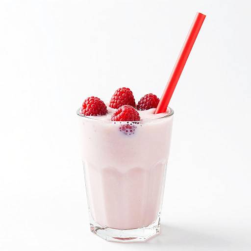 Photograph of a clear glass cup filled with pink yogurt, topped with fresh raspberries and a red straw, against a white background.