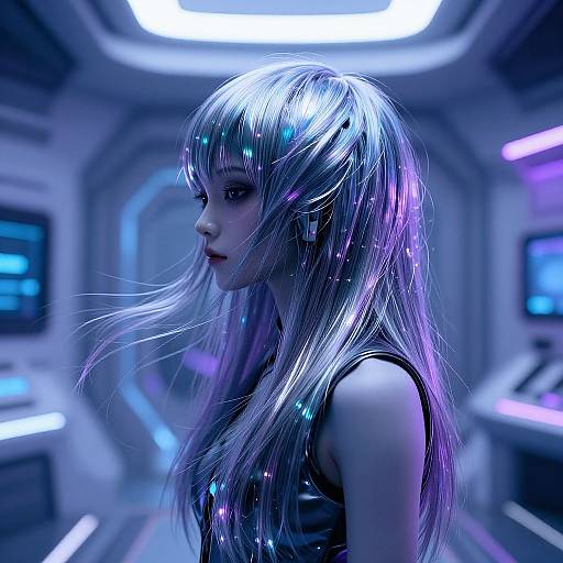 Digital art of a futuristic woman with glowing, iridescent silver hair, wearing a black leather top, in a neon-lit sci-fi room.