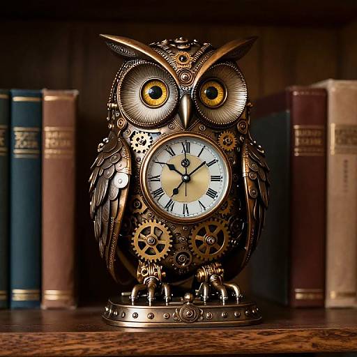Steampunk owl clock with brass gears, Roman numerals, and large yellow eyes, stands on wooden shelf among leather-bound books.