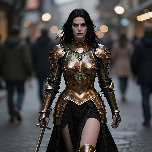 Photograph of a fierce, dark-haired woman in golden armor with green gems, black skirt, and sword, walking down a blurred, dimly lit