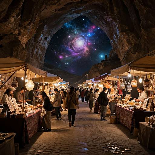 Photograph of a nighttime market inside a rocky cave, lit by lanterns, with stalls selling jewelry and trinkets under a starry, galaxy