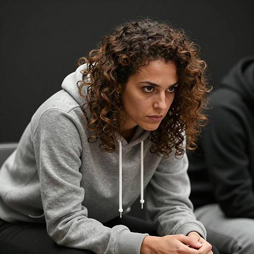 Focused Woman in Grey Hoodie Portrait