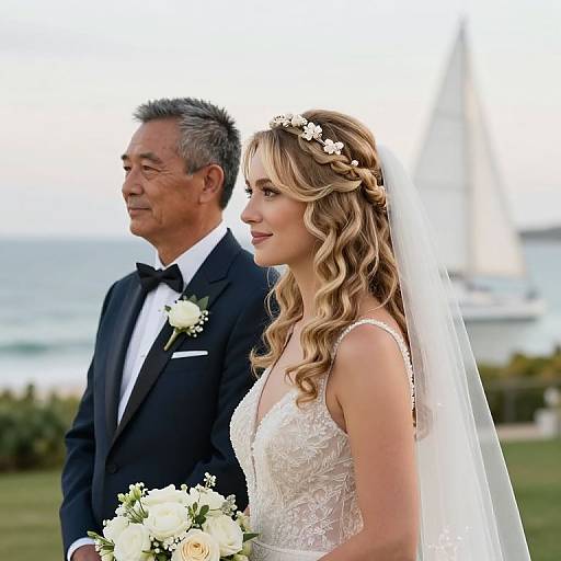 Photograph of a blonde bride in a lace wedding dress and veil, holding white flowers, standing beside an older man in a black tuxedo,