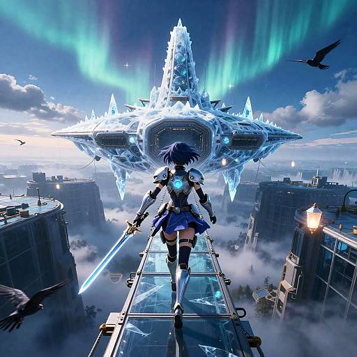 Neon Valkyrie in Futuristic Airship