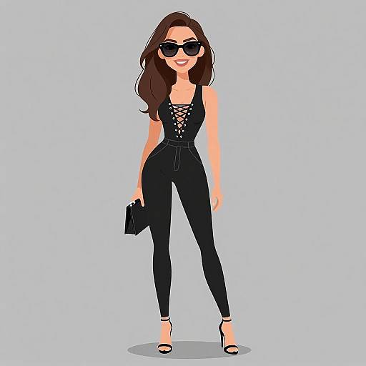Digital illustration of a stylish woman with long brown hair, black sunglasses, lace-up black top, and pants, holding a black clutch, standing confidently against