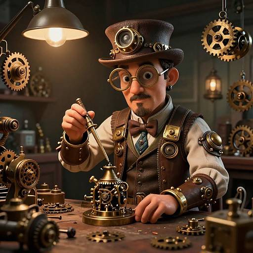 Steampunk Inventor in Cluttered Workshop