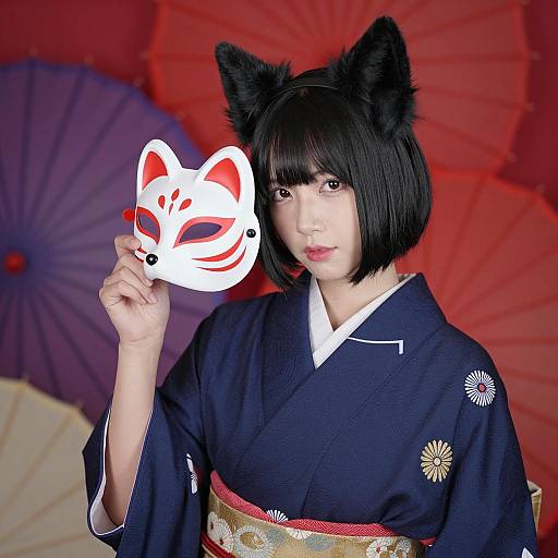 Asian Woman in Kimono with Fox Mask