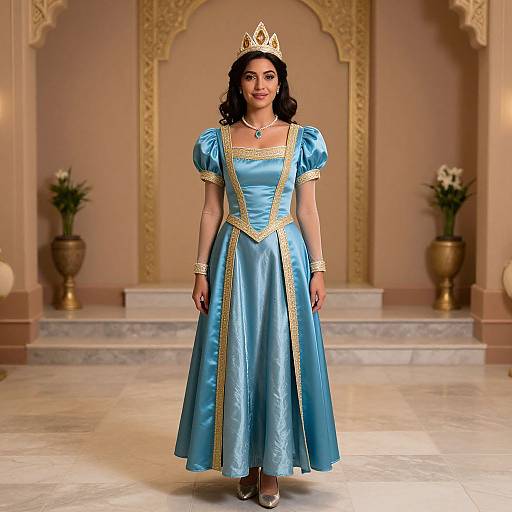 Photograph of a young woman with dark curly hair, wearing a blue satin princess dress with gold trim, a gold tiara, and jewelry, standing