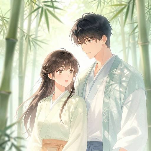 Anime-style digital illustration of a young couple in traditional Japanese kimonos, standing in a sunlit bamboo forest, gazing at each other tenderly