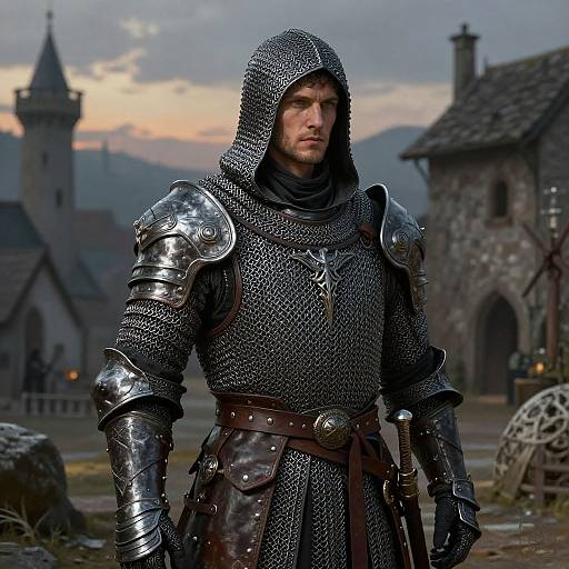 Photorealistic CGI of a muscular, stern-faced male knight in shining medieval armor, standing in a castle courtyard at sunset.