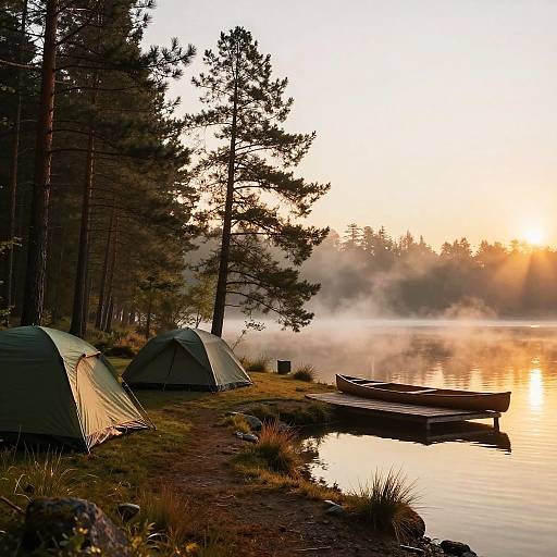 Peaceful Lakeside Campsite at Dawn