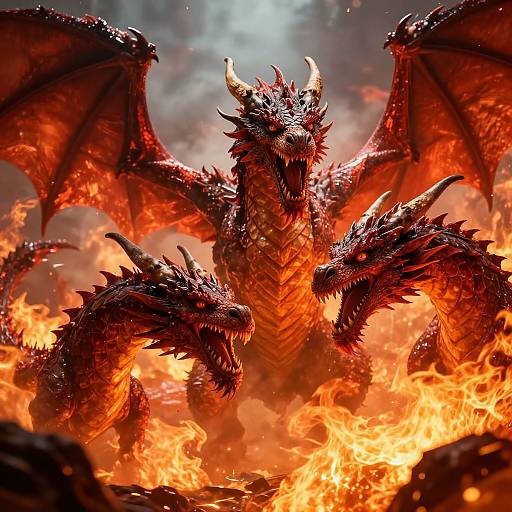 Digital artwork of a fierce, three-headed red dragon with glowing eyes and horns, surrounded by intense, orange flames, roaring fiercely.