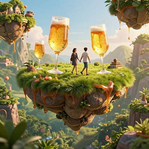 Fantastical CGI image: Two people holding hands on a floating grassy island with three giant champagne glasses, surrounded by lush, honey-dripping
