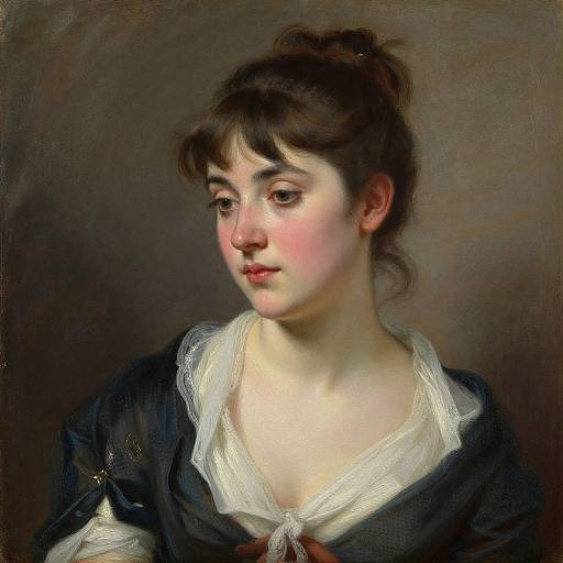Classical oil painting of a young Caucasian woman with fair skin, dark brown hair in a loose bun, wearing a white lace-trimmed blouse and