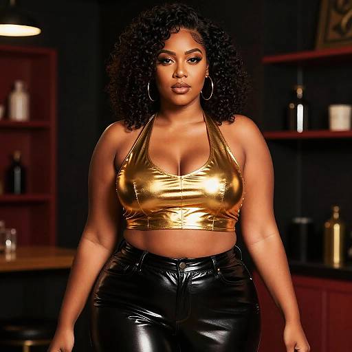 Photograph of a curvy Black woman with curly hair, wearing a shiny gold crop top and black leather pants, standing confidently in a dimly lit